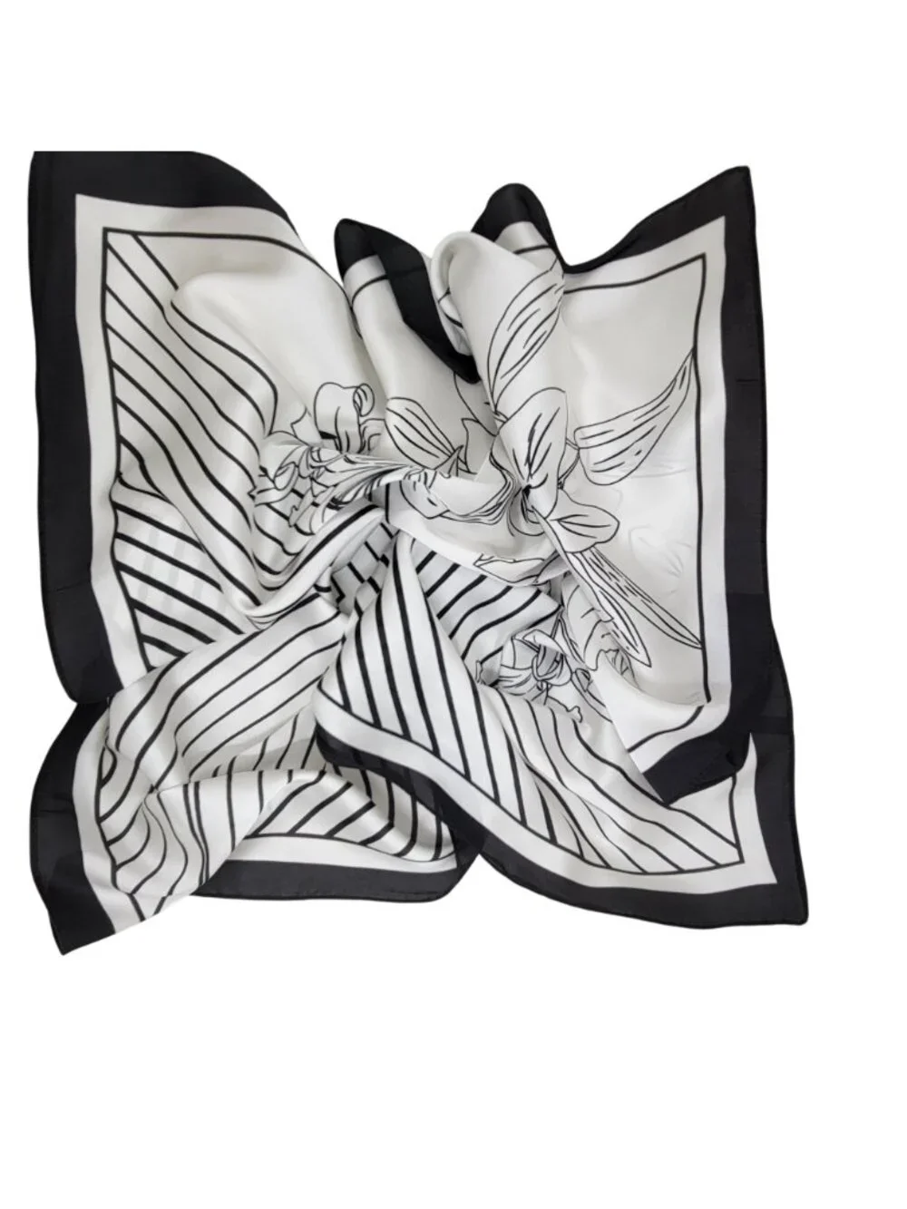 ✨Luxury Silky Soft Scarf Black White Floral Lily Geometric Print Square Bandana